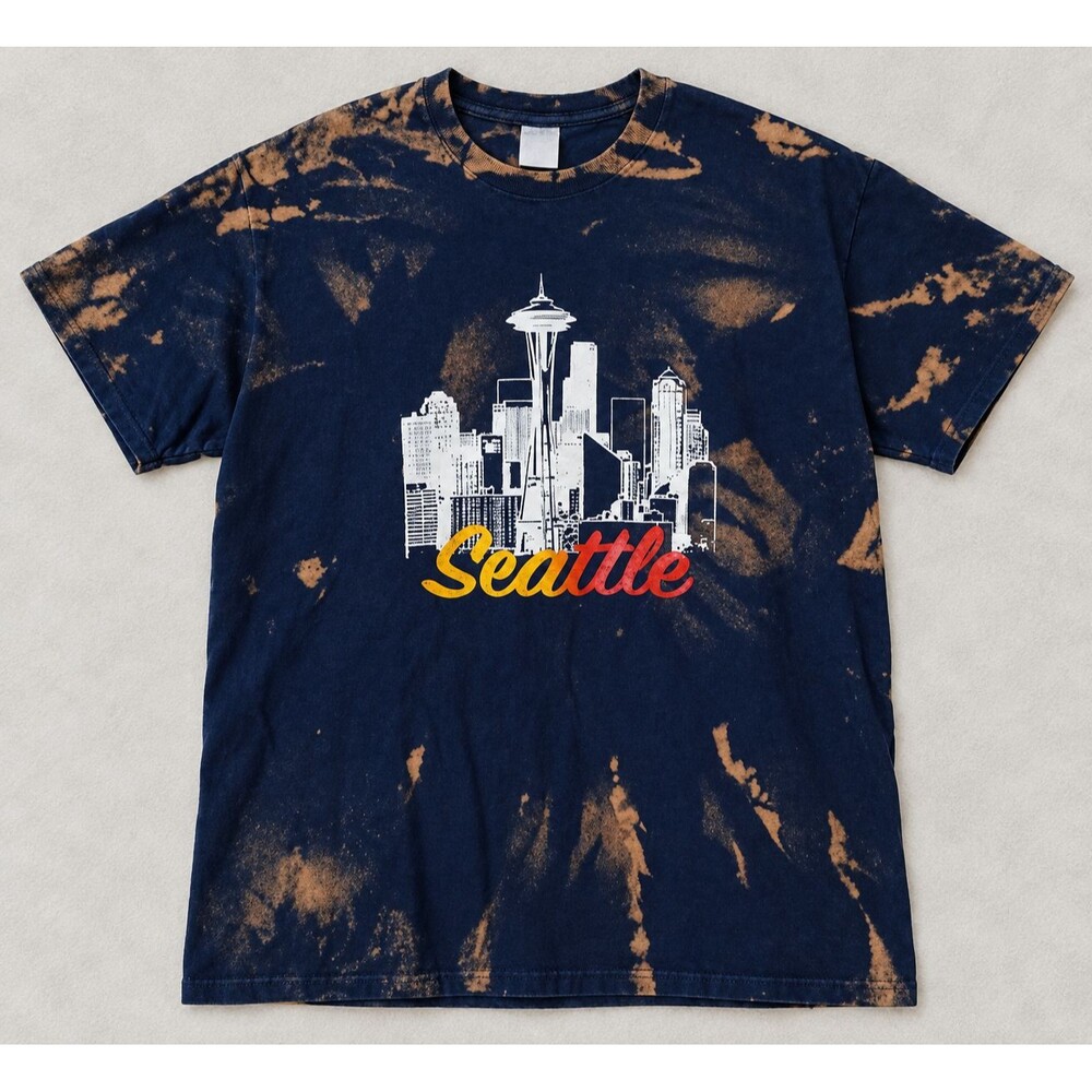 Seattle Skyline Bleach Dyed T Shirt Mens Large Space Needle Navy Custom Grunge